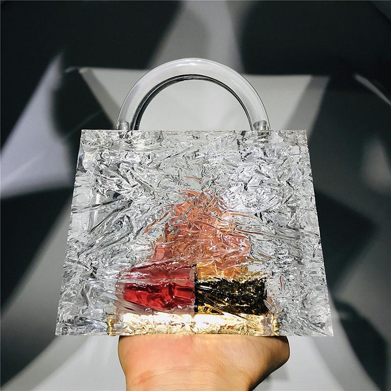 Clear Crushed Ice Acrylic Top Handle Box Clutch Bag Handbags
