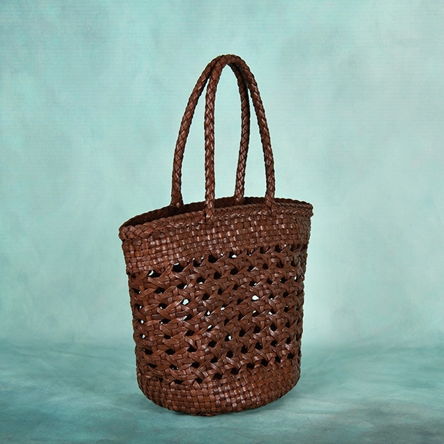 Dark Brown Leather Net Bucket Handbags Hollow out Woven Bags