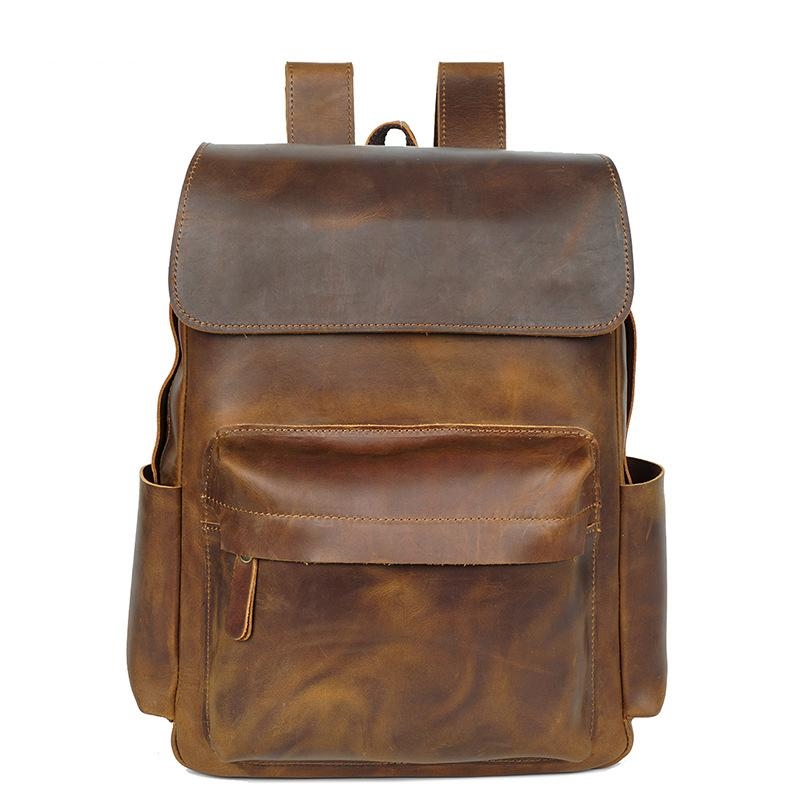 Coffee Full Grain Leather Retro Flap Backpack Handbags for Travel