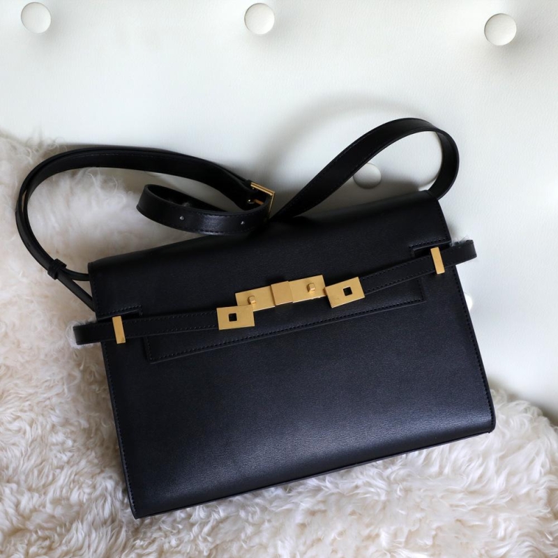 Black Leather Gold Lock Crossbody Satchel Bag Handbags