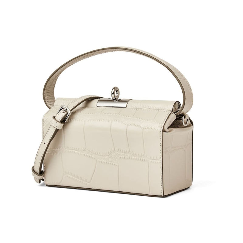 White Leather Twist Lock Croc Printed Box Handbags