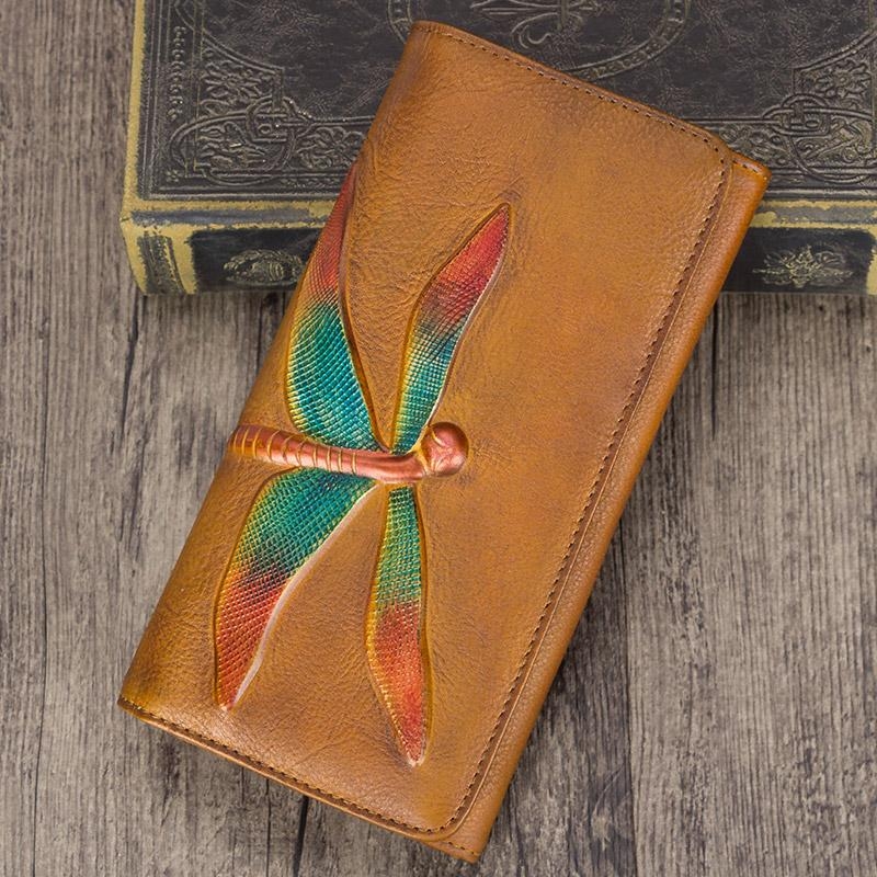 Coffee Color Dragonflies Handmade Cow Leather Long Wallet