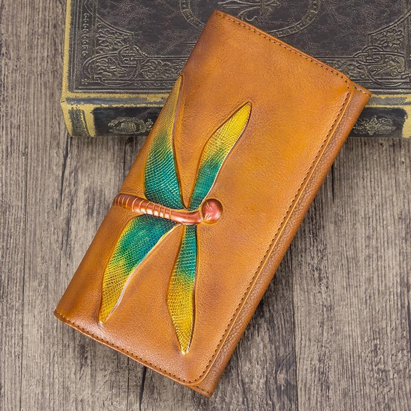 Coffee Color Dragonflies Handmade Cow Leather Long Wallet