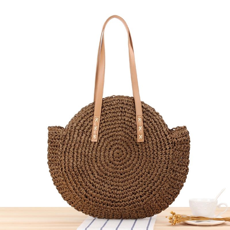 Beige and Blue Stripe Circle Straw Shoulder Tote Beach Bags