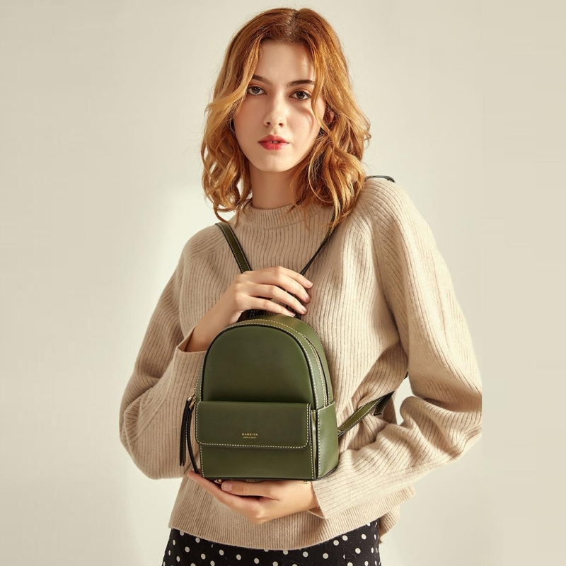 Dark Green Leather Mini Backpack with Pocket | Baginning
