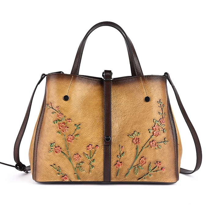 Yellow Vintage Flower Embossed Leather Handbags Crossbody Satchel Bag