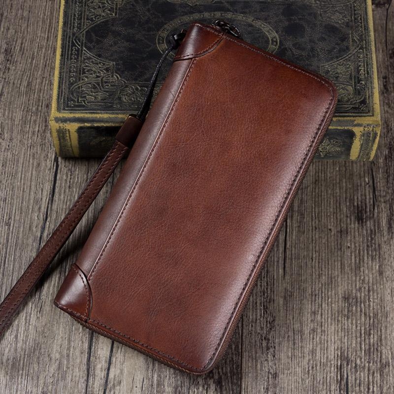 Dark Red Hand-made Cowhide Leather Wallet Zipper Long Wallet