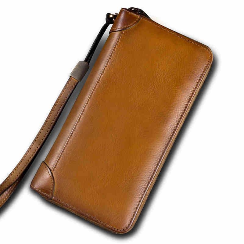 Dark Red Hand-made Cowhide Leather Wallet Zipper Long Wallet