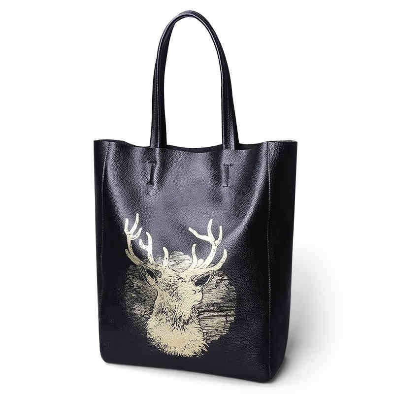 Grey Deer Floral Genuine Leather Tote Bag Shoulder Bags for Women