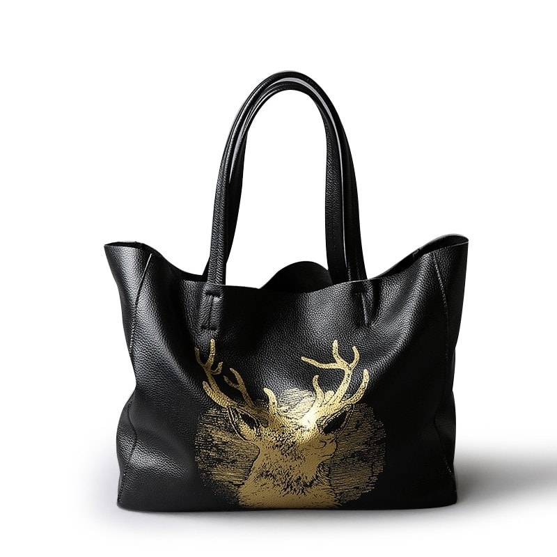 Vertical Deer Floral Black Genuine Leather Tote Bag Shoulder Bags