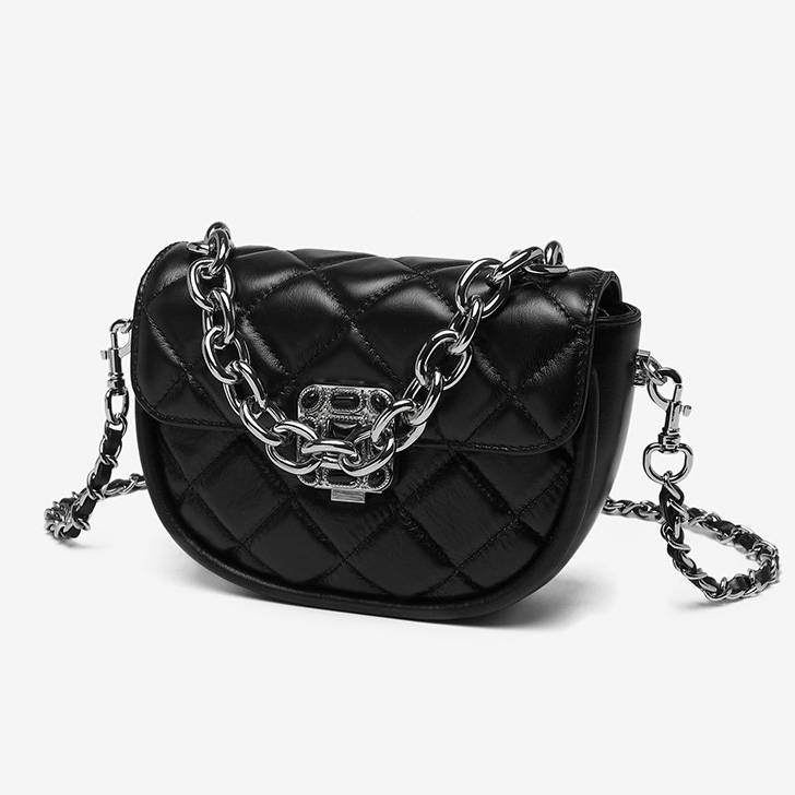 Black Leather Quilted Half-moon Flap Chain SHoulder Bags