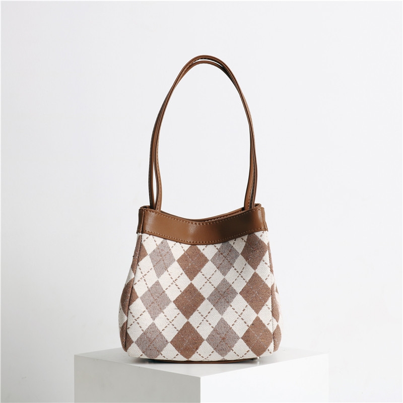Coffee Fashion Plaid Bucket Bag Top Handle Quilted Basket Bag