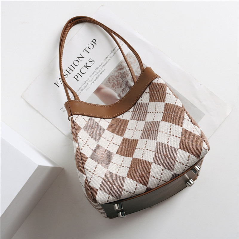 Coffee Fashion Plaid Bucket Bag Top Handle Quilted Basket Bag