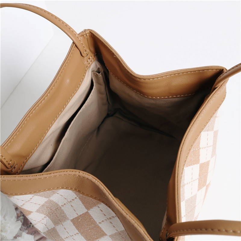 Light Brown Fashion Plaid Bucket Bag Top Handle Quilted Basket Bag