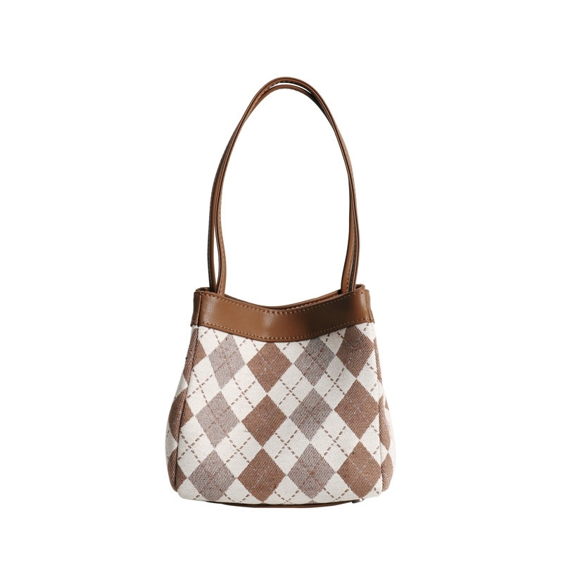 Light Brown Fashion Plaid Bucket Bag Top Handle Quilted Basket Bag