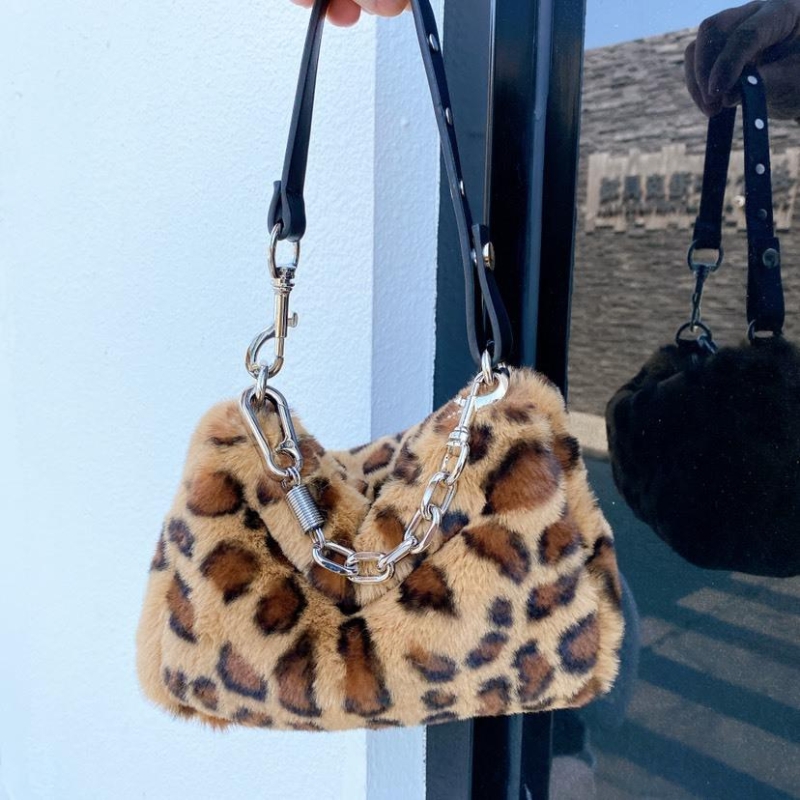 Leopard Faux Fur Zipper Over The Shoulder Bags Crossbody Chain Bag