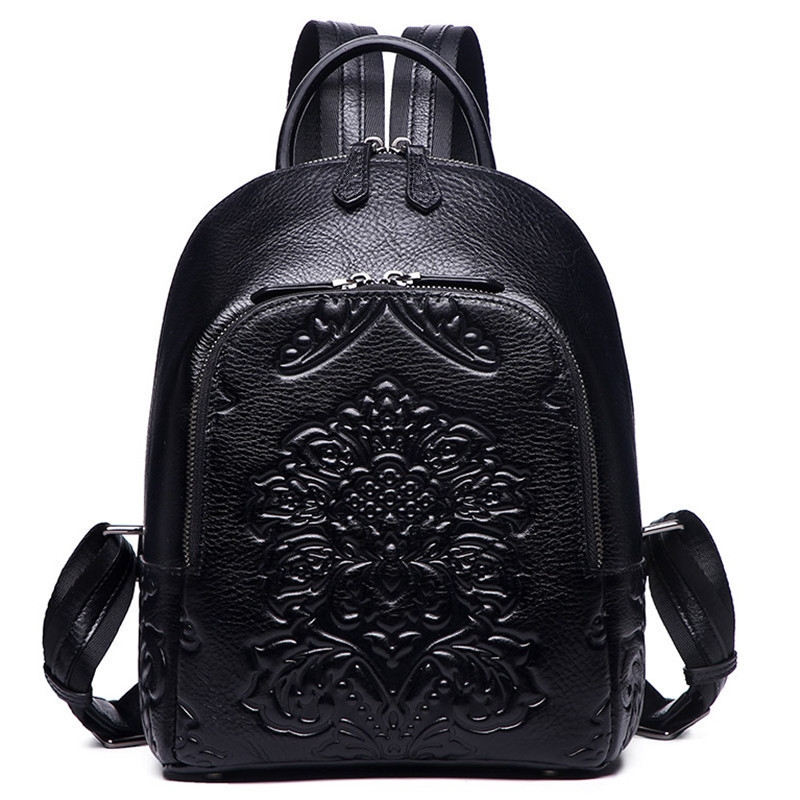 Black Floral Embossed Leather Backpack Handbags with Double Zipper