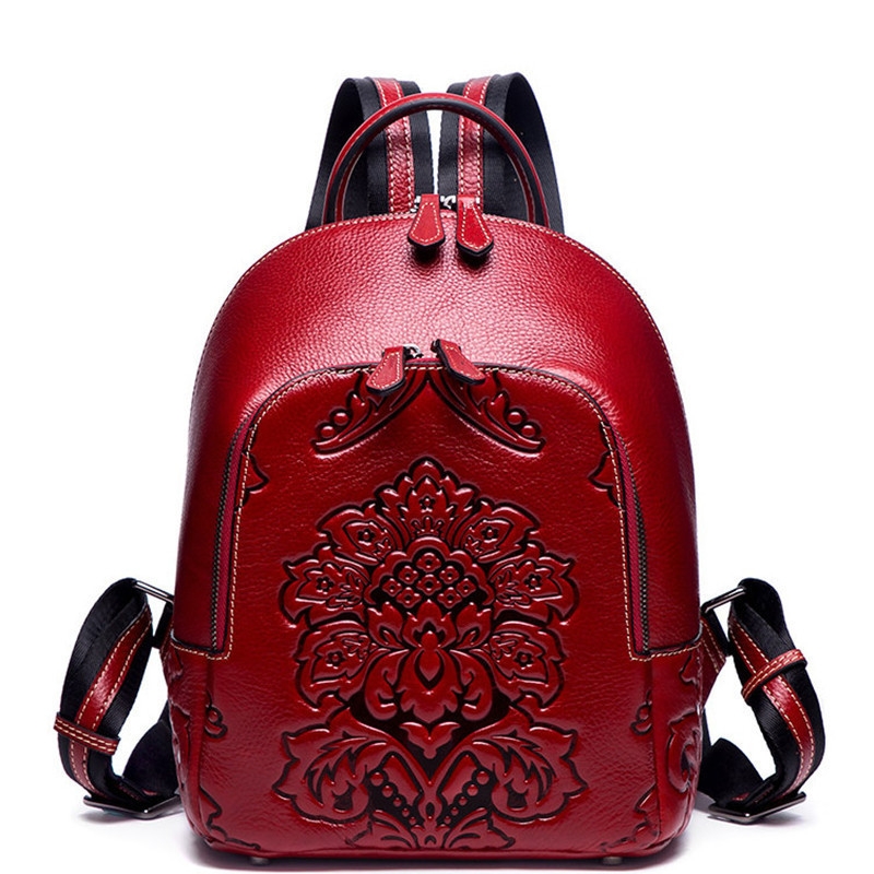 Black Floral Embossed Leather Backpack Handbags with Double Zipper