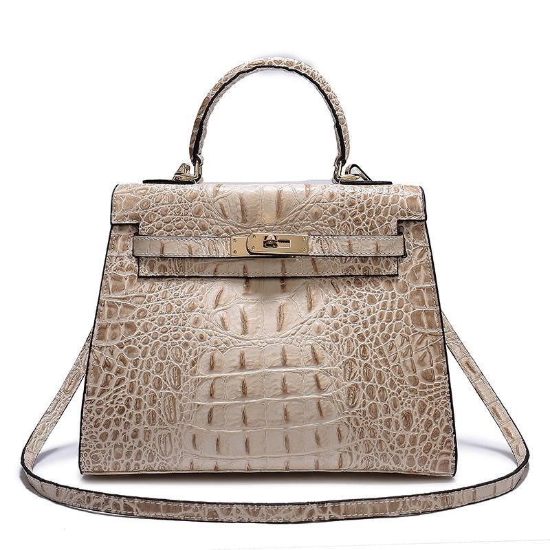 Beige Croc-Effect Leather Handbags Lock Satchel Handbags