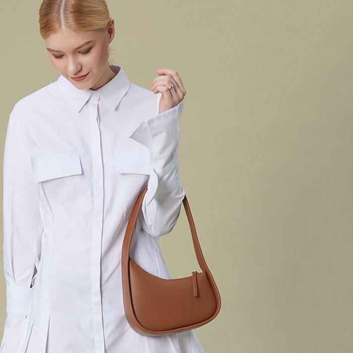 Tan Genuine Leather Half Moon Handbags Shoulder Bag With Zipper