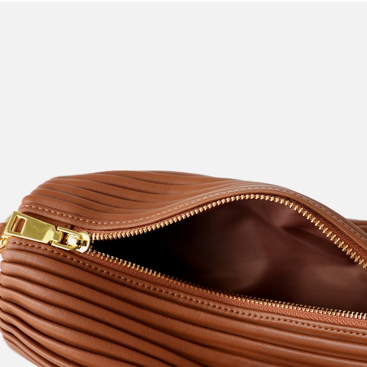 Brown Genuine Leather Plisse Shoulder Bag Fashion Round Bag