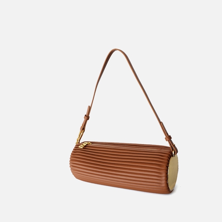 Brown Genuine Leather Plisse Shoulder Bag Fashion Round Bag