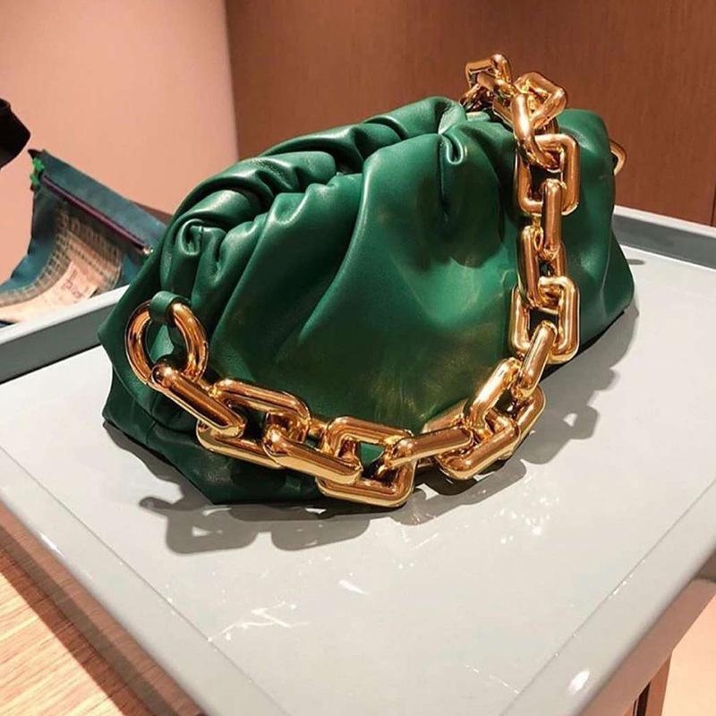 Gold Chain Green Over Size Genuine Leather Pouch Bag Slouchy Clutches