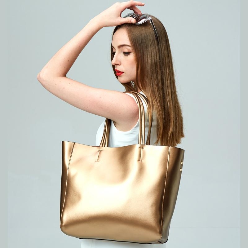Gold Genuine Leather Tote Bags Shopper Bag