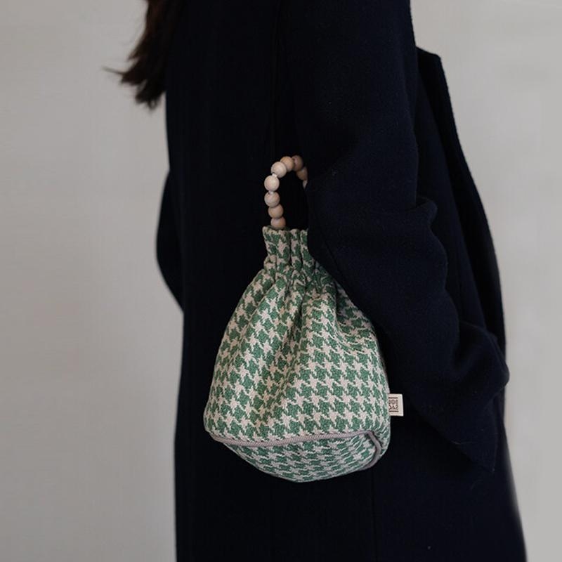Green and White Swallow Grid Bucket Bag Beads Chain Canvas Purse