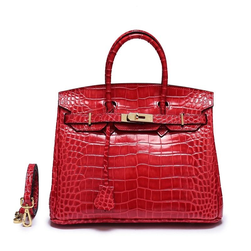 Small Size Red Croc-effect Leather Handbags Metal Lock Satchel Bags