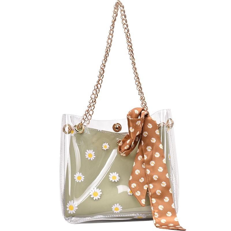 Khaki Daisy Printed Inner Pouch Clear Bag Chain Shoulder Bags
