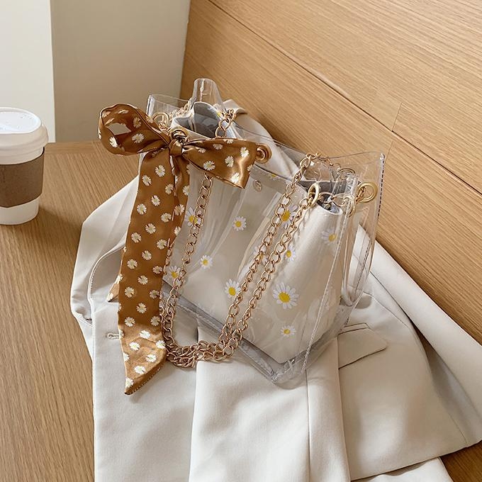 Khaki Daisy Printed Inner Pouch Clear Bag Chain Shoulder Bags