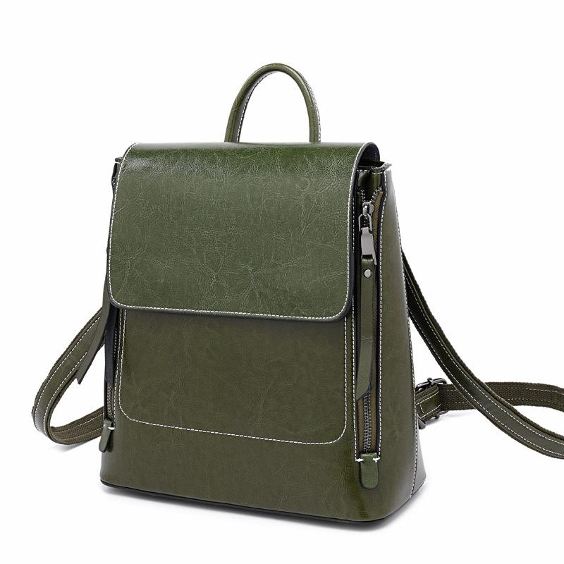 Green Genuine Leather Magnetic Flap Girls Backpack