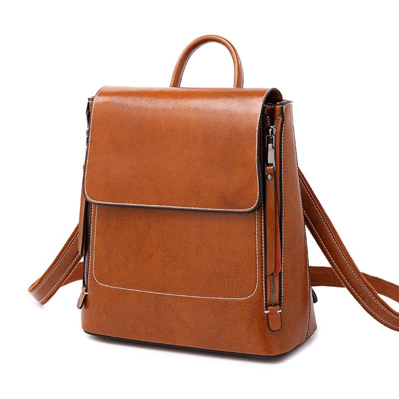 Brown Genuine Leather Magnetic Flap Girls Backpack