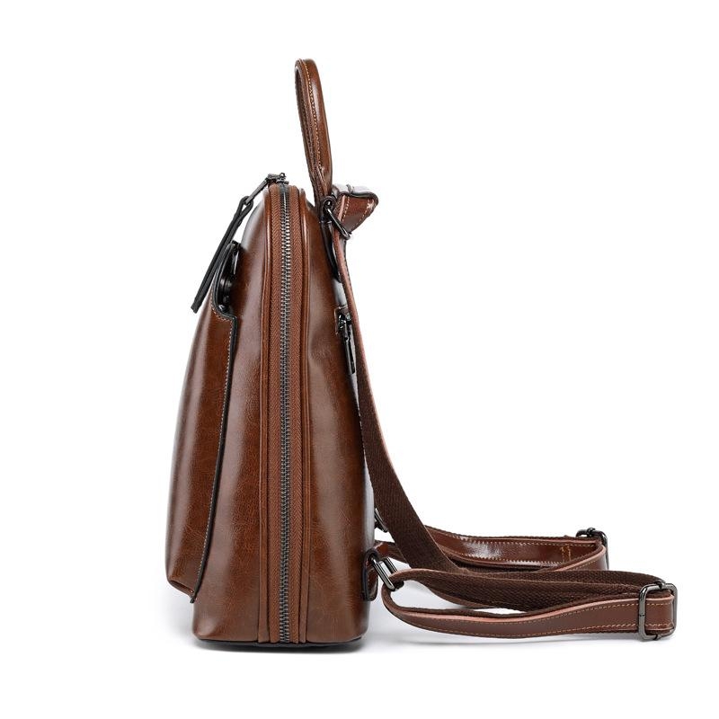 Coffee Genuine Leather Top Handle Zipper Everyday Backpack
