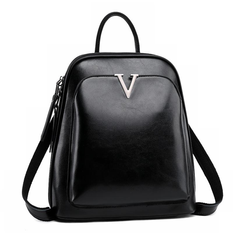 Black Genuine Leather Top Handle Zipper Everyday Backpack