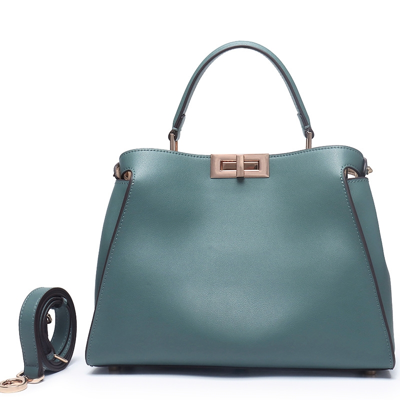 Green Leather Top Handle Large Work Satchel Metal Lock Shoulder Bags