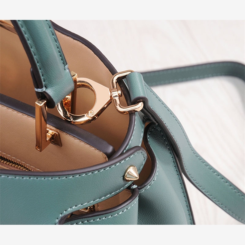 Green Leather Top Handle Large Work Satchel Metal Lock Shoulder Bags