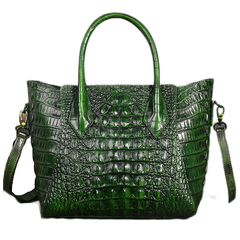 Green Retro Crocodile Printed Shoulder Leather Handbags Zipper Tote Bags