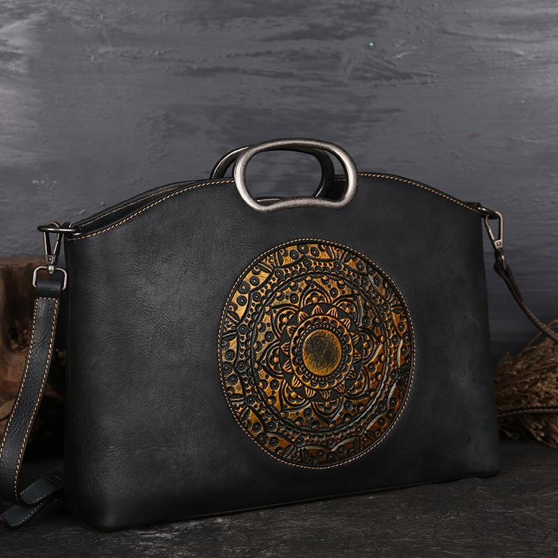 Black Vintage Floral Embossed Leather Handbags Satchel Bag