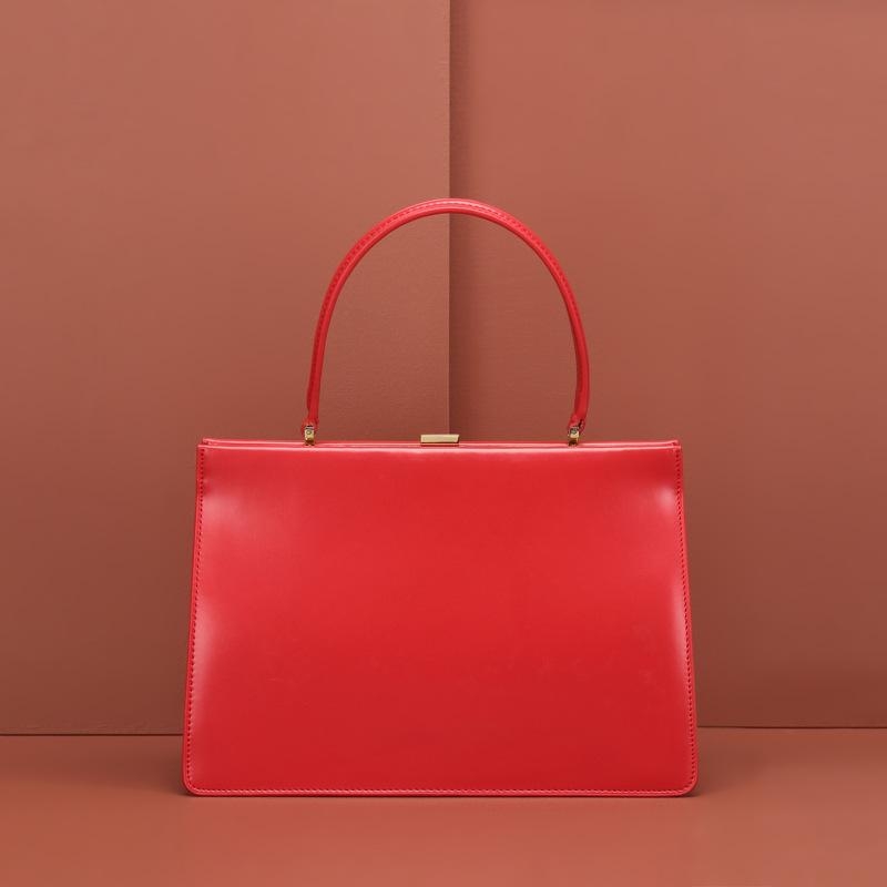 Red Vintage Leather Handbags Multilayer Satchel Bag for Office Lady