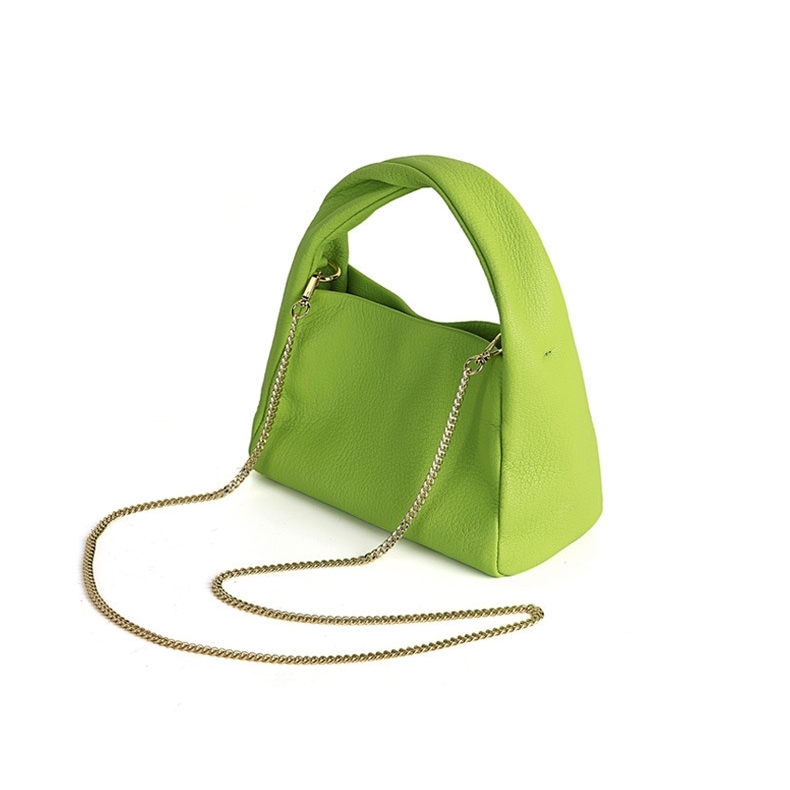 Green Wide Handle Chain Handbag Litchi Grain Soft Crossbody Purse