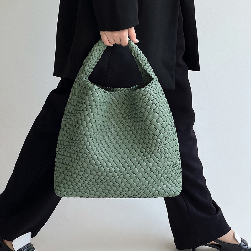 Green Woven Vegan Leather Basket Bag Handbags With Purse Insert