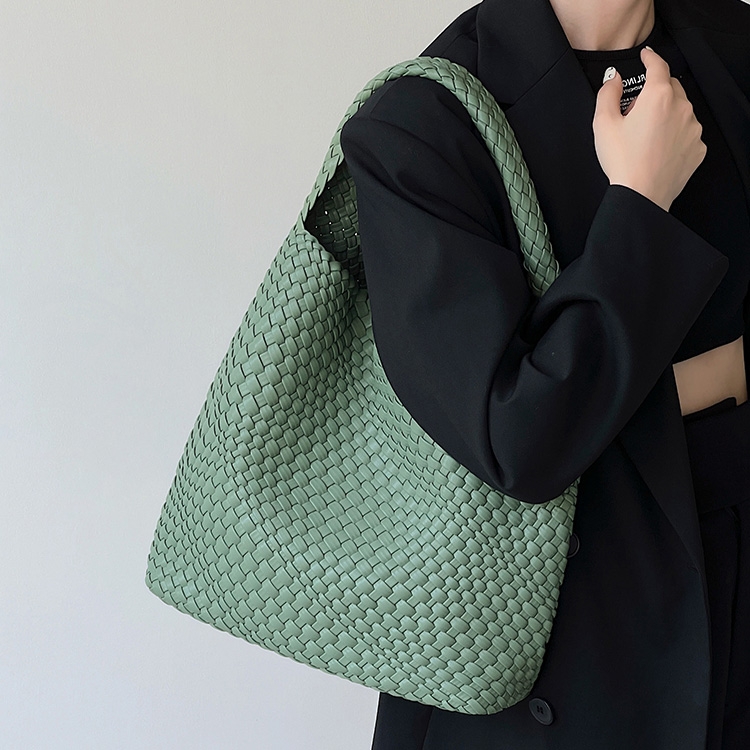 Green Woven Vegan Leather Basket Bag Handbags With Purse Insert