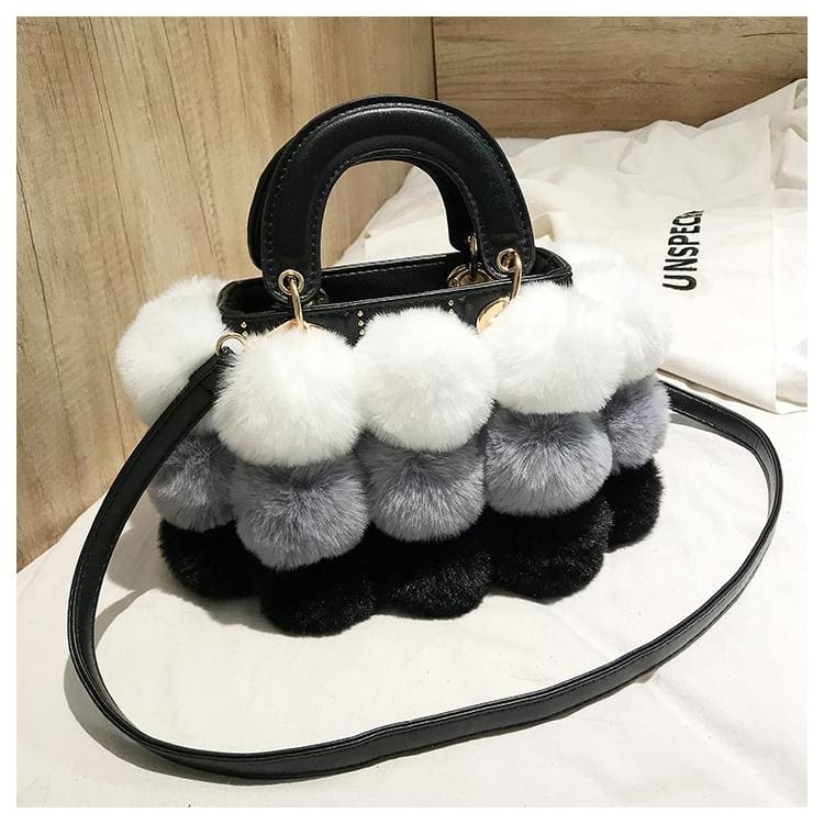 Grey and White Faux Fur Hand Purse Pompom Shoulder Handbags