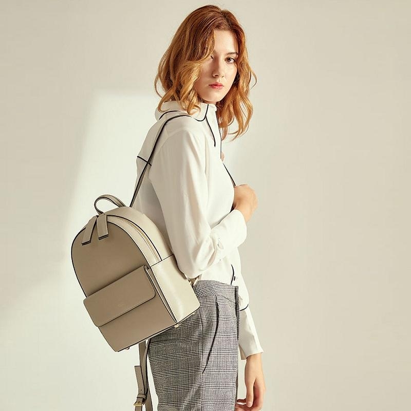 Grey Large Leather Backpack with Pocket