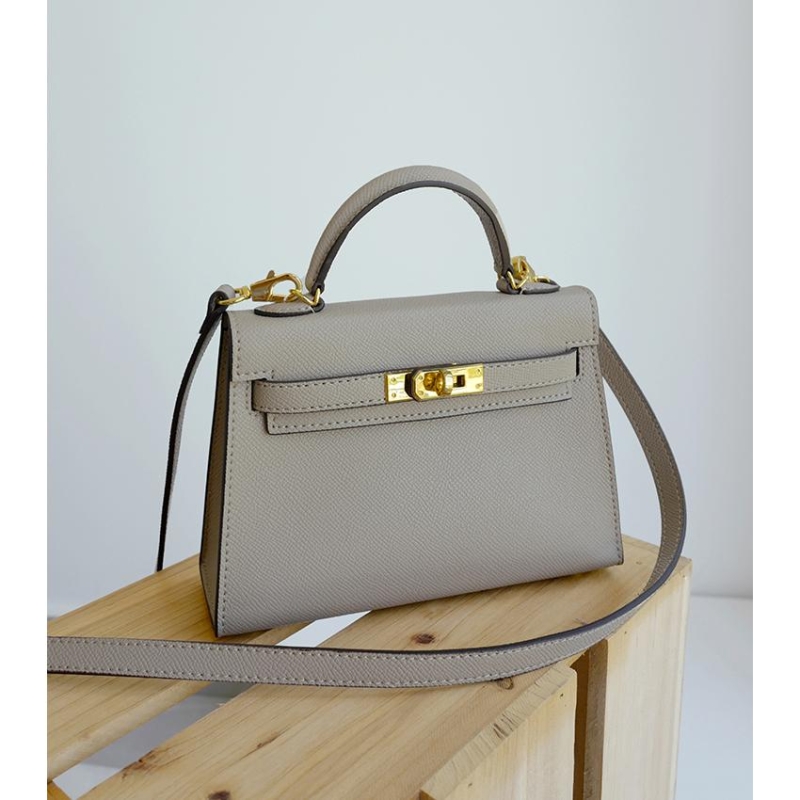 Grey Leather Crossbody Purses Top Handle Small Handbags with Gold Lock