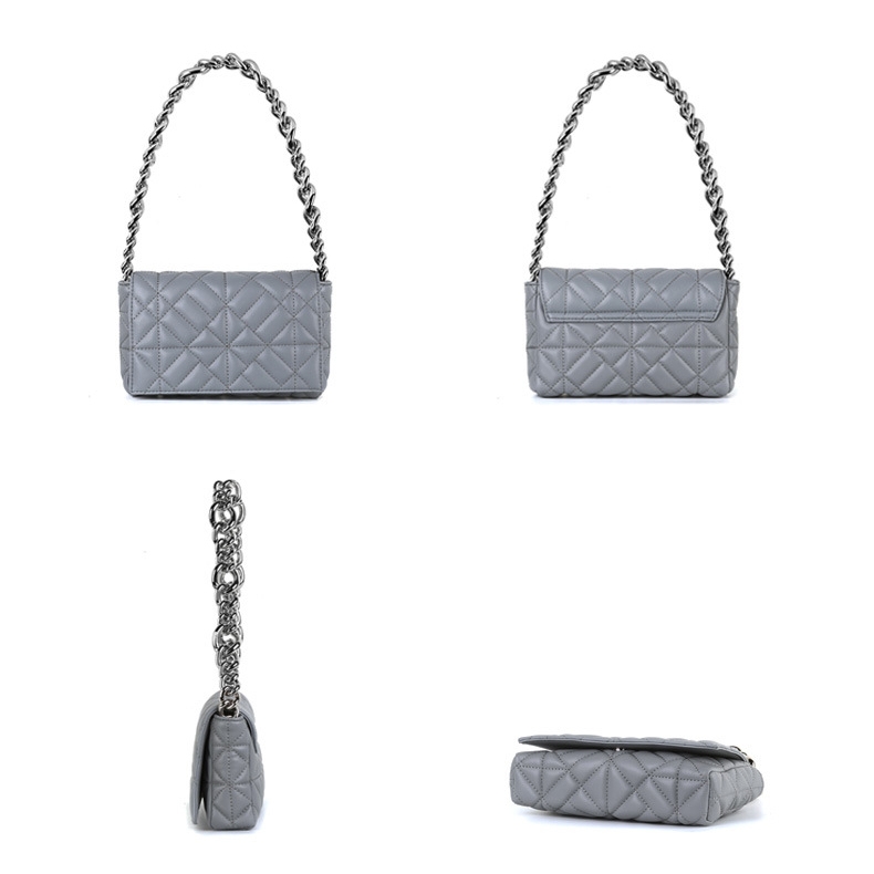 Grey Leather Quilted Chunky Chain Handbag Satchel Shoulder Purse