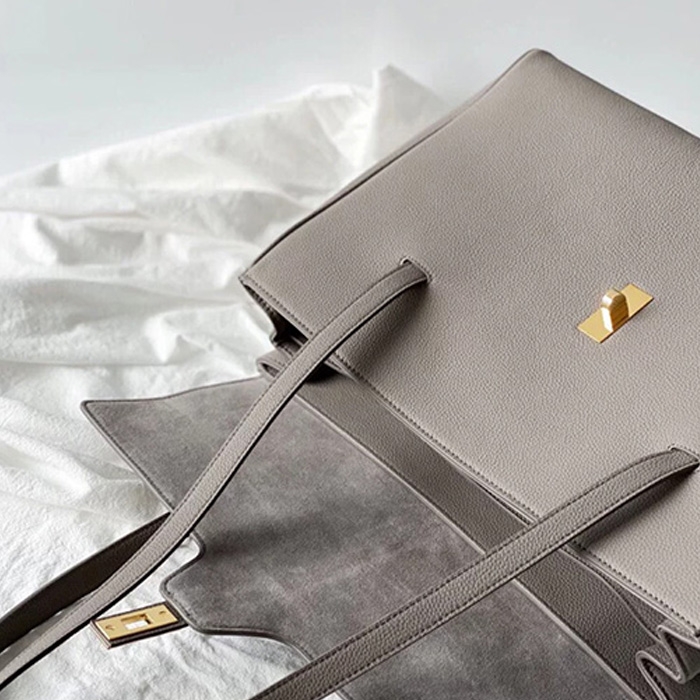 Grey Soft Leather Tote Twist-Lock Satchel Shoulder Bags