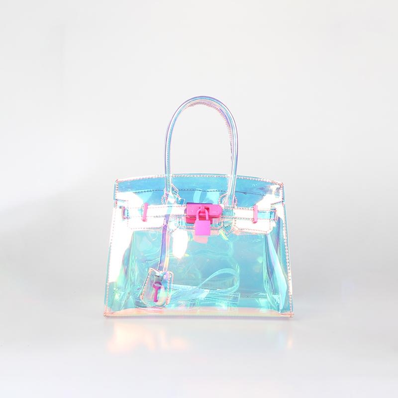 Hot Pink Lock Holographic PVC Satchel Handbags Shoulder Clear Purse